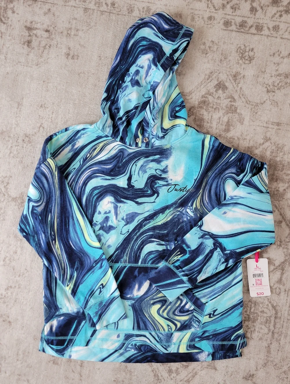 NWT Justice Girls L Blue Marble Swirl Hoodie Sweatshirt Cozy Pullover